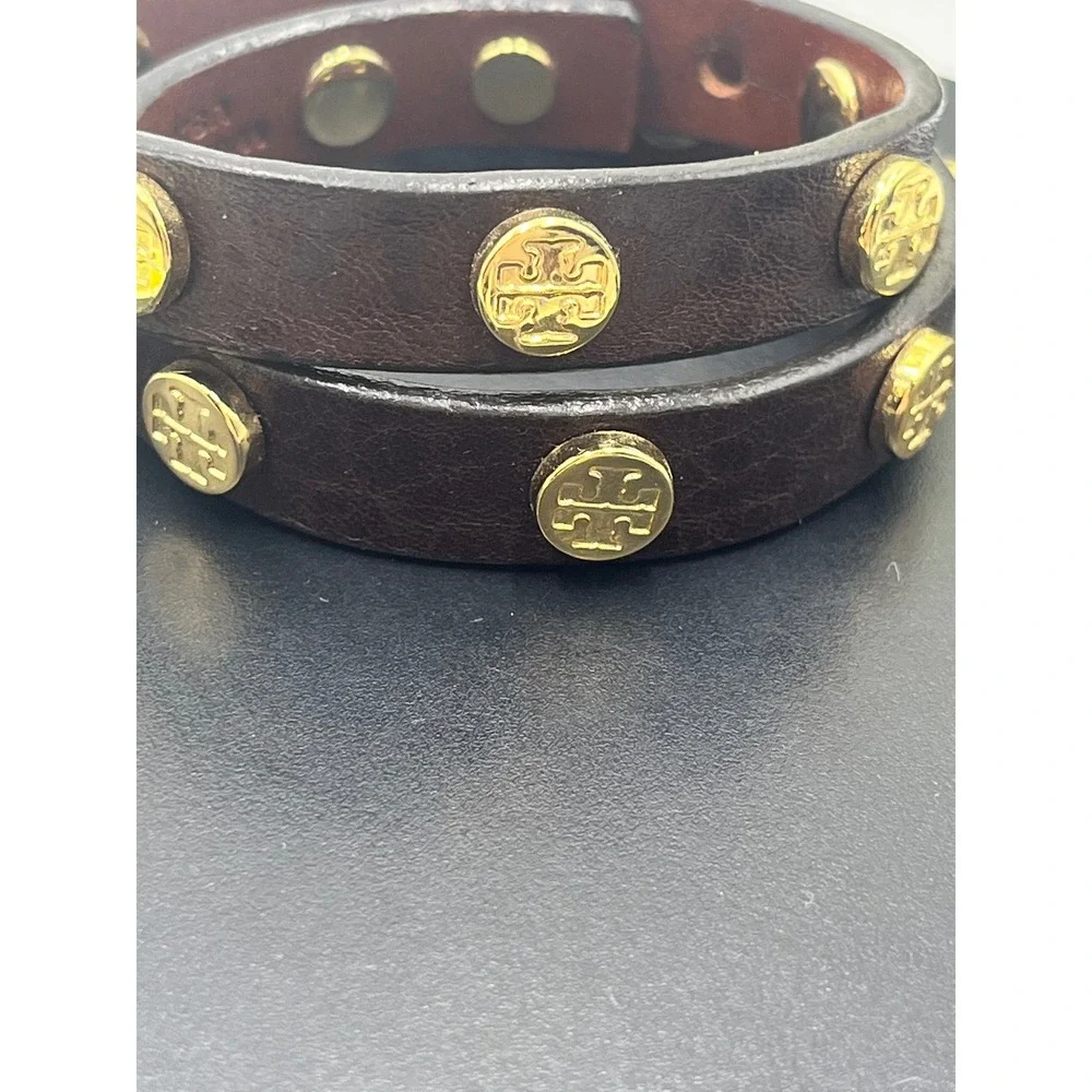 Tory Burch Jewelry Leather Brown Double Wrap Gold Logo Bracelet Made‎ in USA